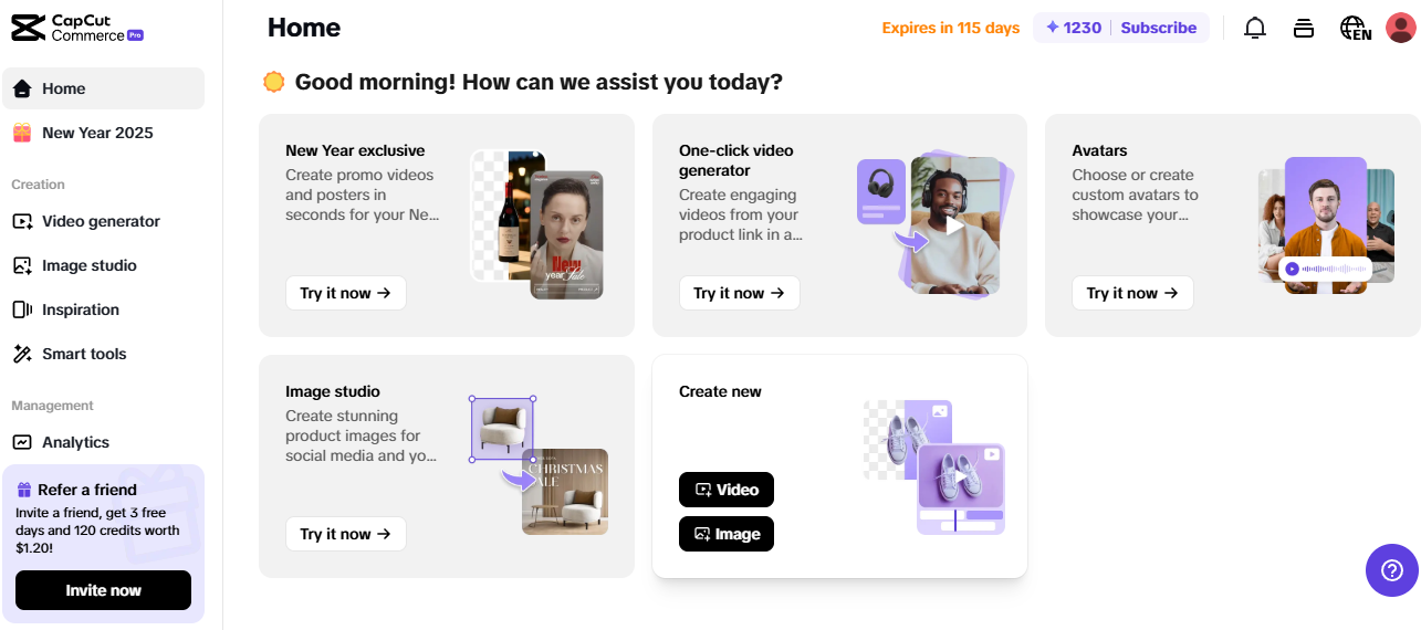 Pippit home dashboard showing tools like video generator, image studio, and avatars for online store creation.